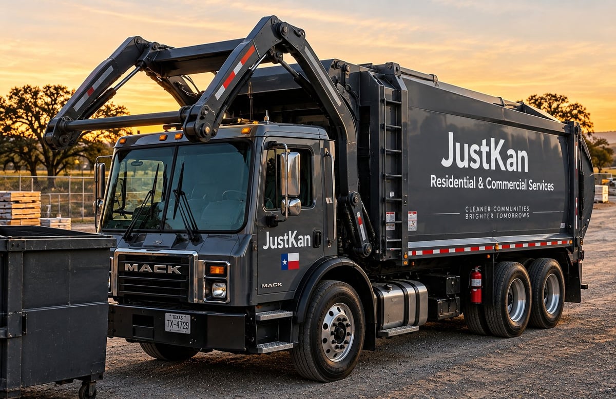 JustKan garbage truck with automated hydraulic arm extended at sunset in a residential area